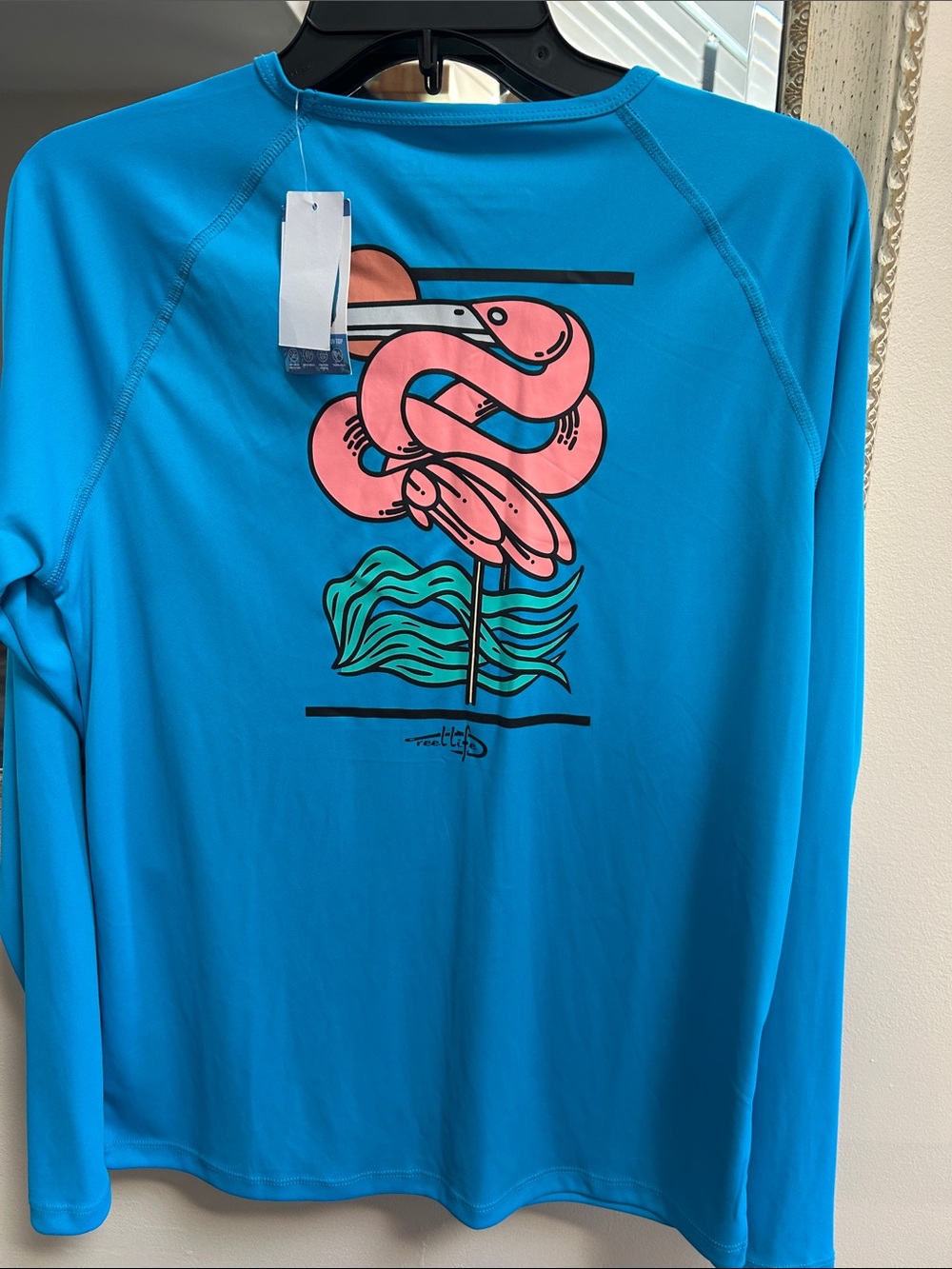 Reel life Blue Long-Sleeve Swim Coverup with Pink Flamingo Motif